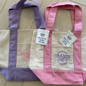 2 Trader Joes Mini Pastel Canvas Tote Bag - Pink & Lavender